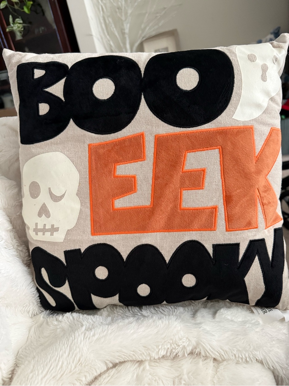 Halloween 'BOO EEK Spooky' Decorative Throw Pillow- linen with velevet lettering